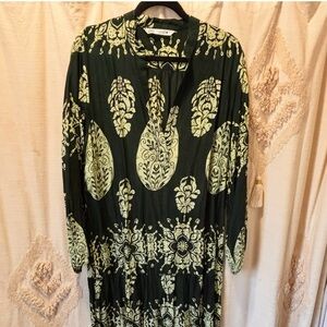 Zara  Green Patterned Long Sleeve  Dress- Green -Large - Boho Design